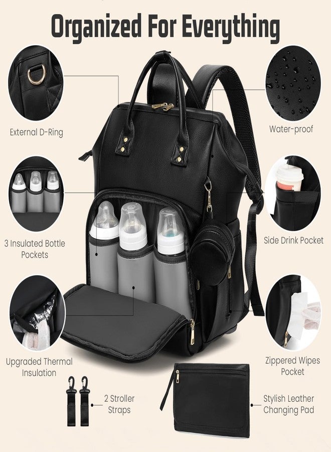 ROSEGIN Premium Vegan Leather Diaper Bag Backpack with Waterproof Changing Pad – Reinforced Stitching & Zippers, Baby Bag for Boy Girl, Stroller Straps, Ergonomic Design for Traveling Moms, Black - Image 3